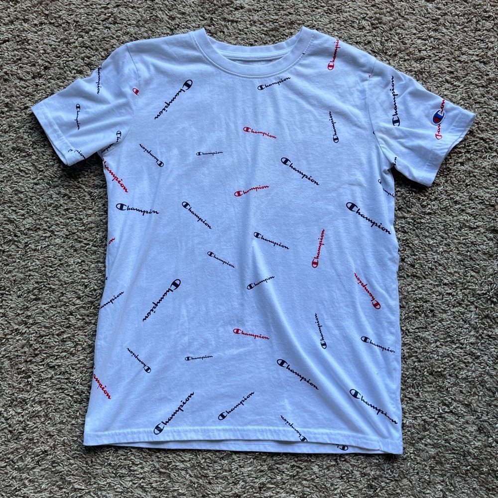 Kids XL, White Champion cotton t-shirt with red accents.